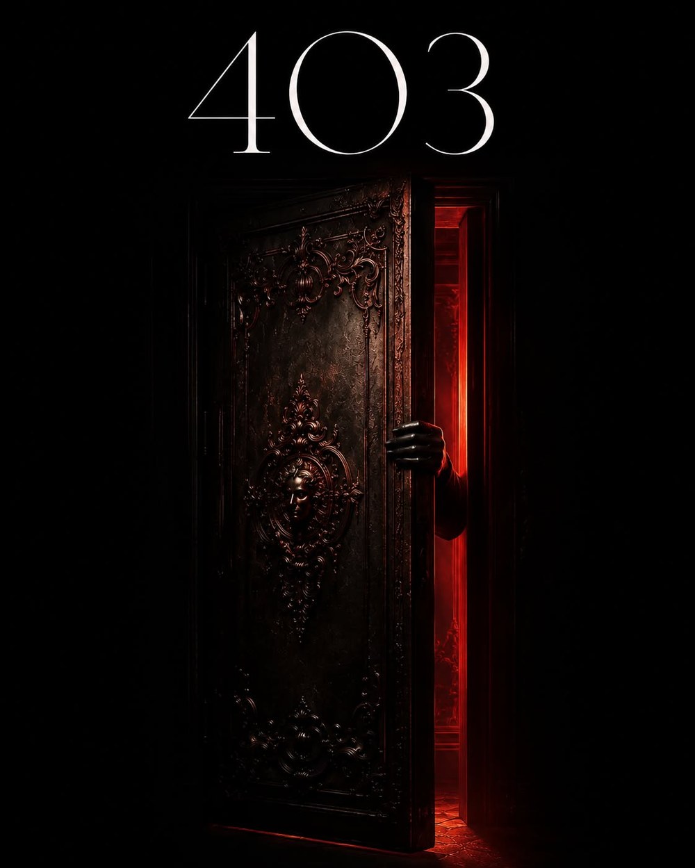 Key visual 403 — puerta ornamentada entreabierta con luz roja y una mano asomando
