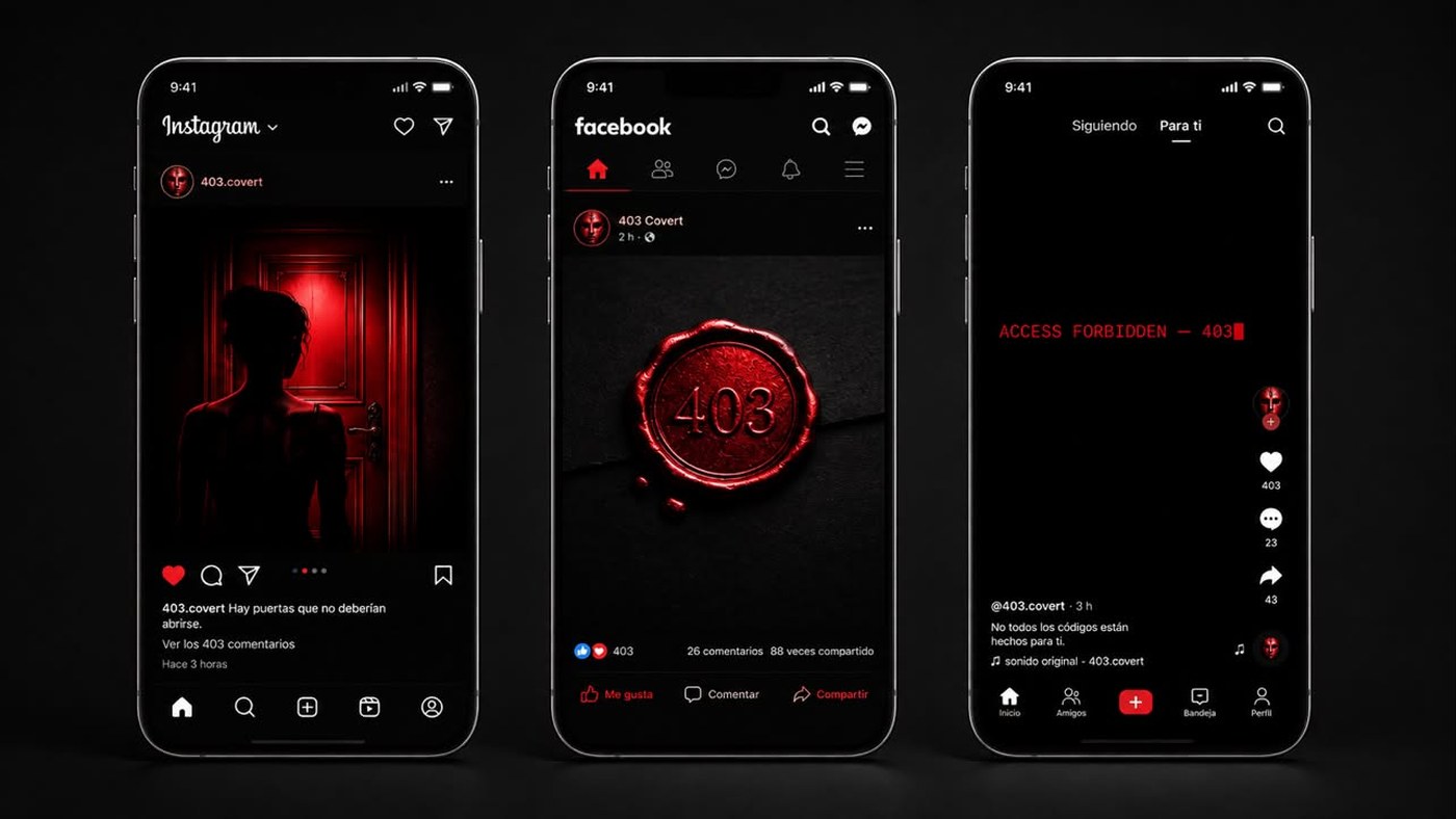 Mockups de publicaciones de 403 en redes sociales: feed, sello de cera 403 y video de acceso denegado